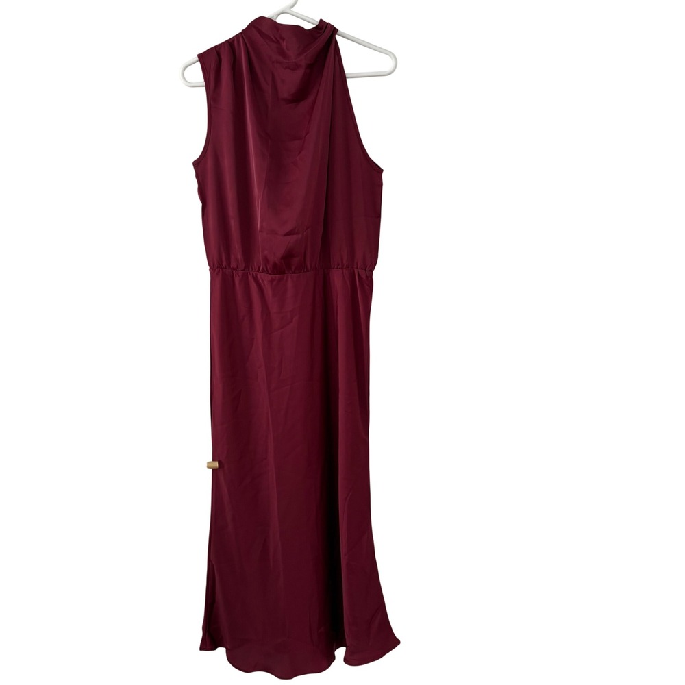 PrettyGarden Wine Red Satin Halter Maxi Dress Mock Neck Sleeveless Wedding Guest